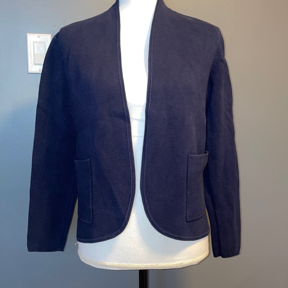 Eileen Fisher Blue Organic Cotton Silk Blend Open Cardigan Blazer.